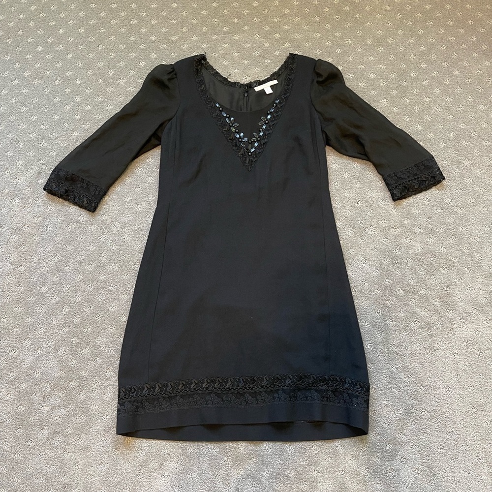 Rebecca Taylor Black Embellished Dress Size 6 Sheer Sleeve
